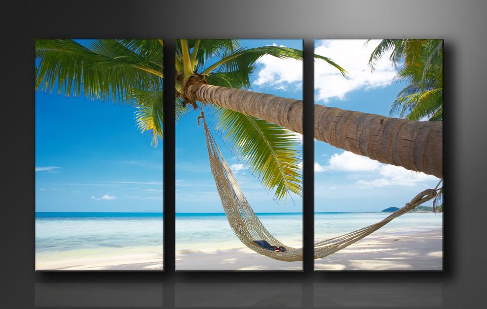 Leinwandbild Strand mit Hängematte - 150x90cm 3 teilig – Ansicht 4