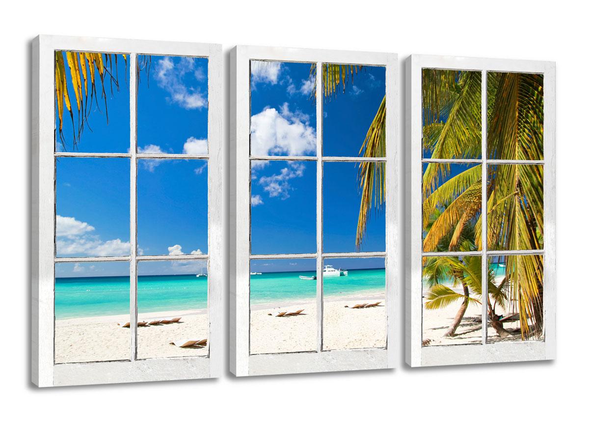 Leinwand Bild fert gerahmt Fenster mit Ausblick , Südsee , Urlaub , Strand 160cm – Leinwandbild 150x90 cm 3-teilig kaufen