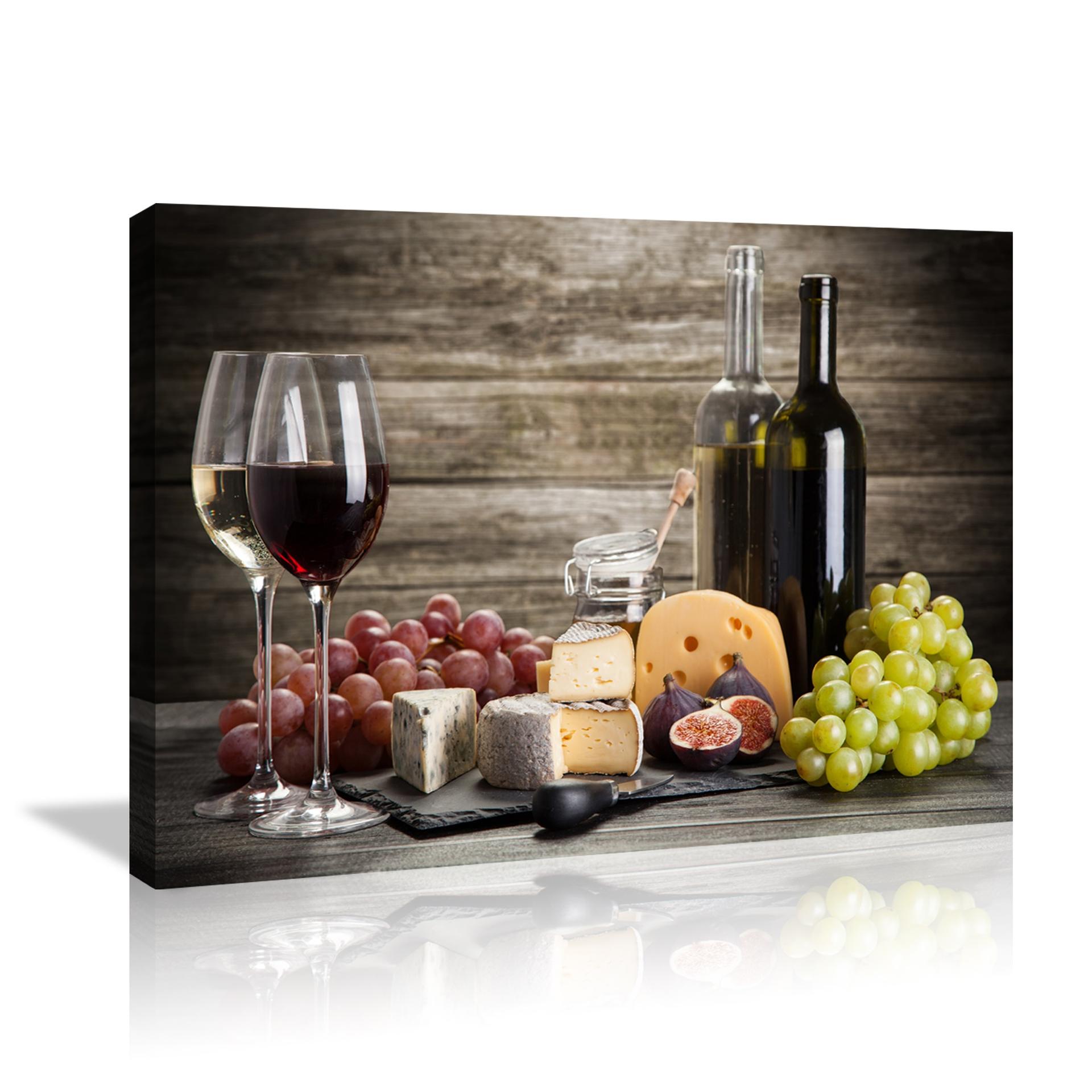 Leinwandbild Wein Käse Trauben - fertig gerahmt für Küche & Esszimmer