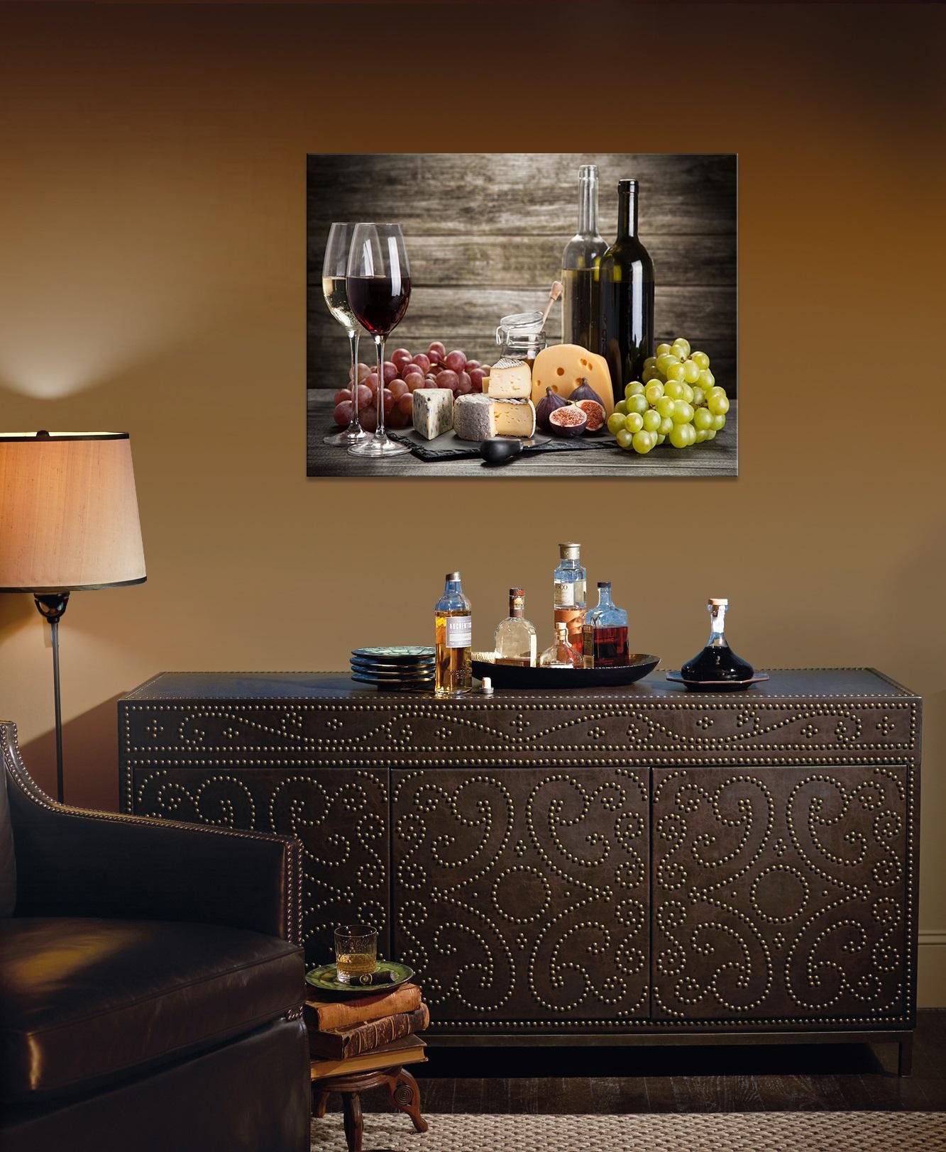 Leinwandbild Wein Käse Trauben - fertig gerahmt für Küche & Esszimmer – Ansicht 3