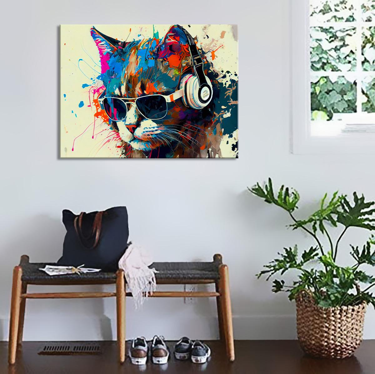 Leinwandbild Katze mit Sonnenbrille und Kopfhörer – Ansicht 3