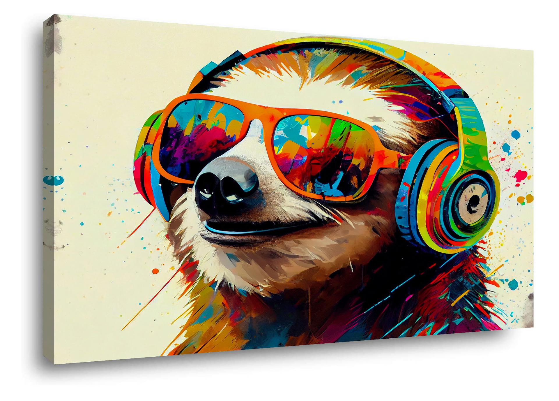 Faultier Leinwandbild mit Sonnenbrille und Kopfhörern