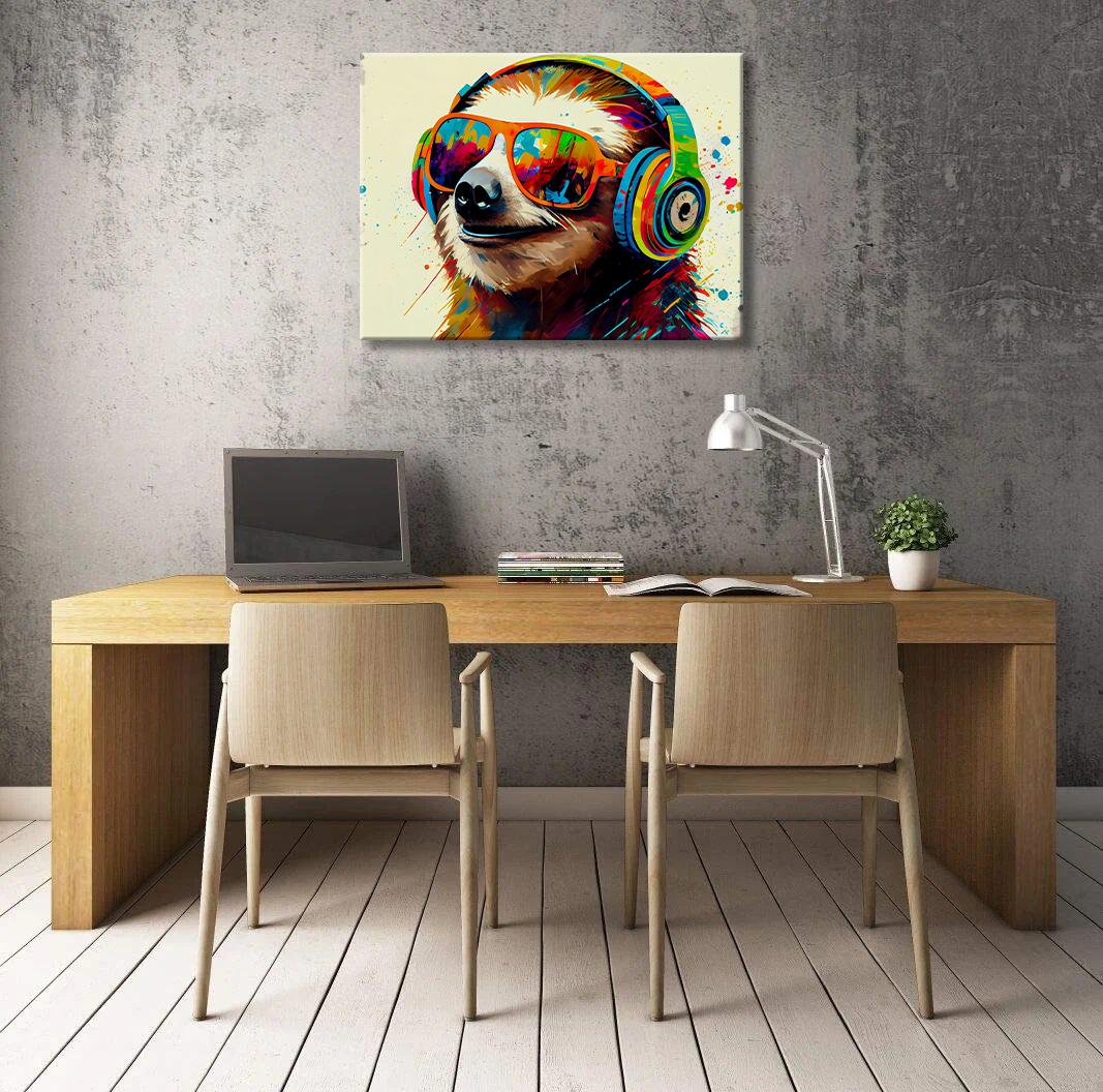 Faultier Leinwandbild mit Sonnenbrille und Kopfhörern – Ansicht 2