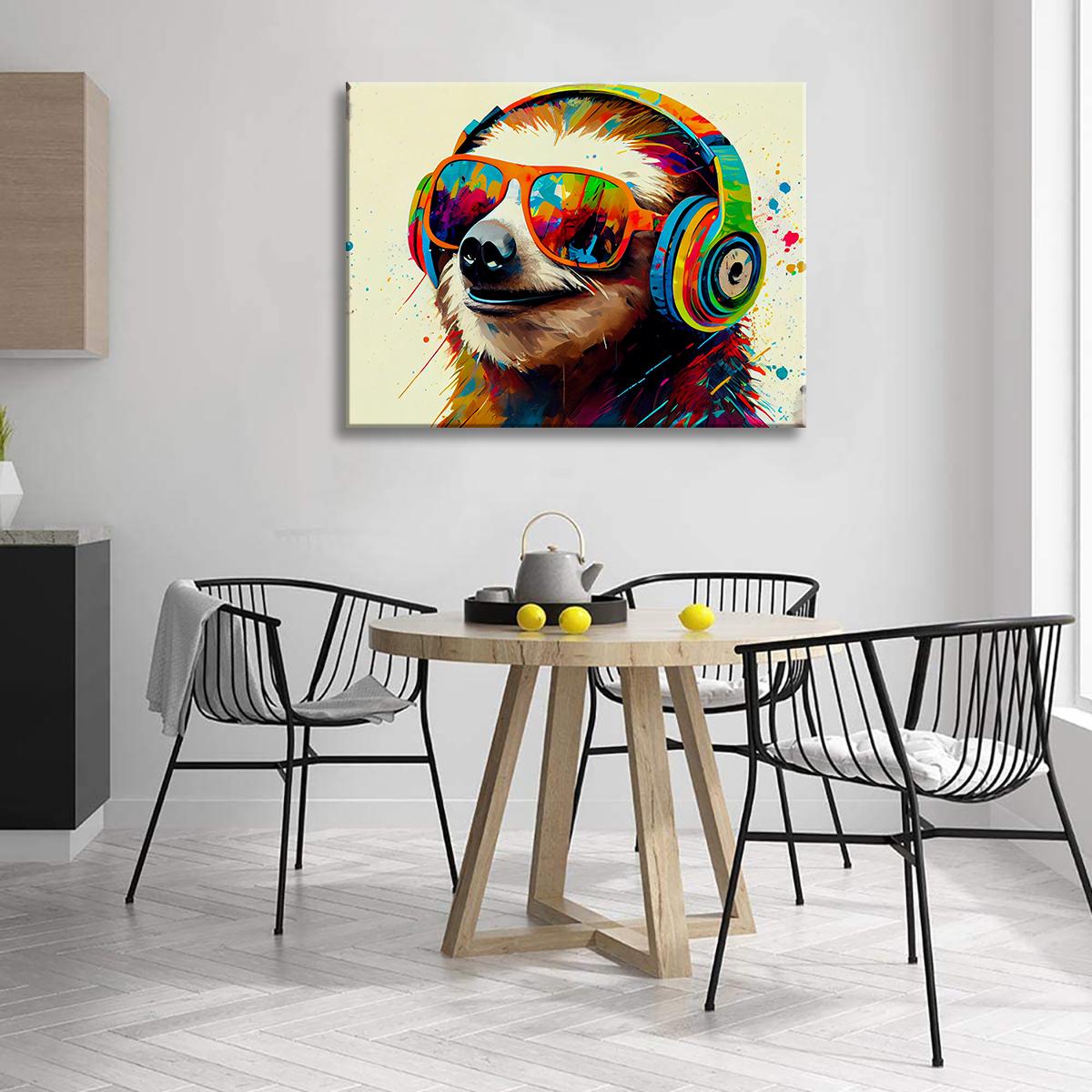 Faultier Leinwandbild mit Sonnenbrille und Kopfhörern – Ansicht 3