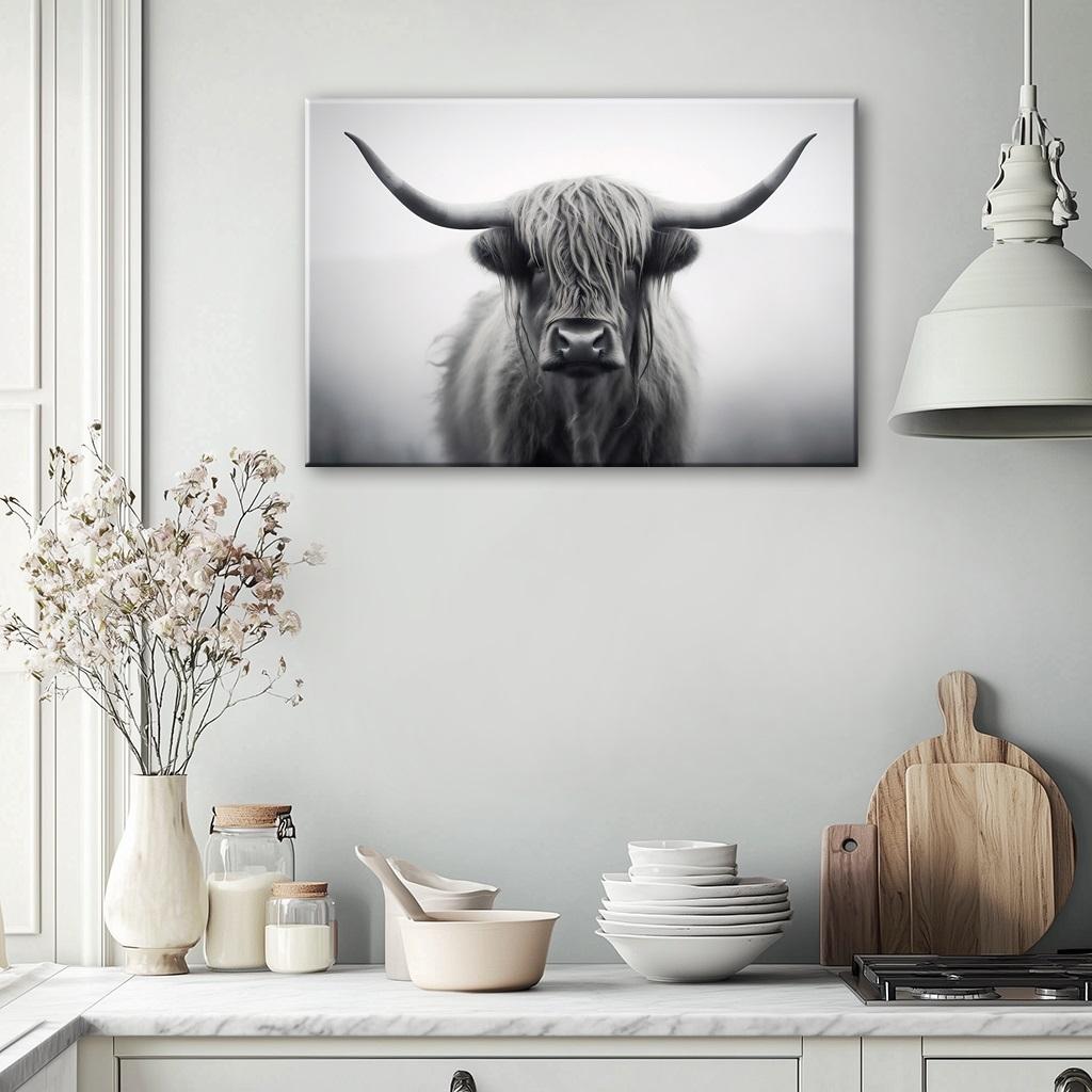 Highland Rind Leinwandbild – Schwarz-Weiß Wandbild für dein Zuhause – Ansicht 2