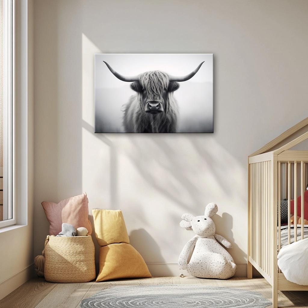 Highland Rind Leinwandbild – Schwarz-Weiß Wandbild für dein Zuhause – Ansicht 3