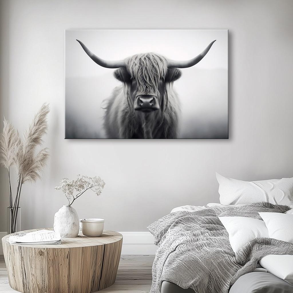 Highland Rind Leinwandbild – Schwarz-Weiß Wandbild für dein Zuhause – Ansicht 4