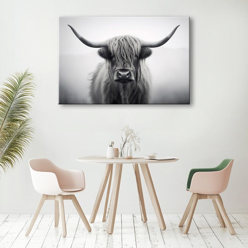 Highland Rind Leinwandbild – Schwarz-Weiß Wandbild für dein Zuhause – Ansicht 5