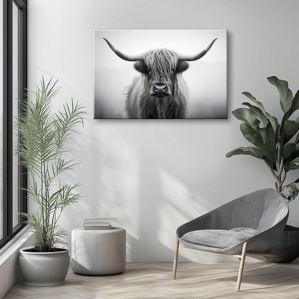 Highland Rind Leinwandbild – Schwarz-Weiß Wandbild für dein Zuhause – Ansicht 6