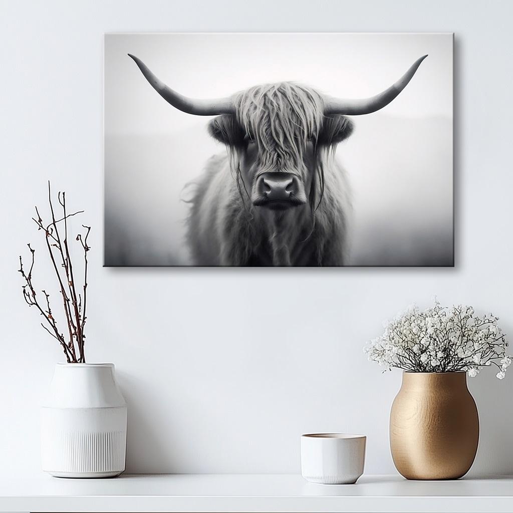 Highland Rind Leinwandbild – Schwarz-Weiß Wandbild für dein Zuhause – Ansicht 7