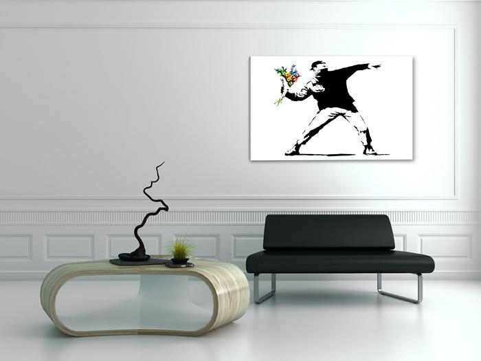 Banksy Blumen Leinwandbild - 80x60cm mit Rahmen – Ansicht 2
