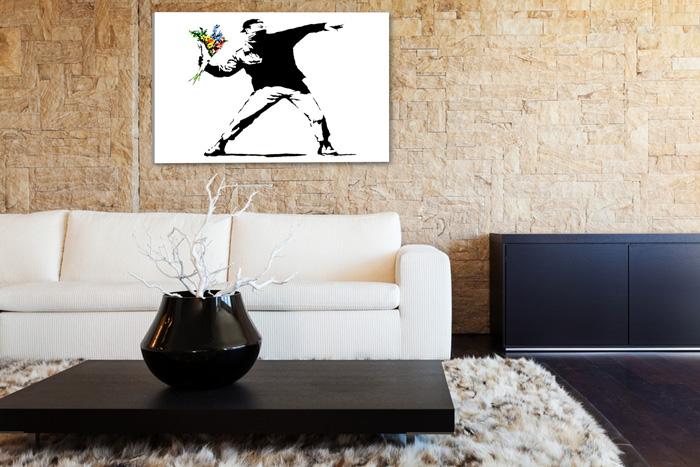 Banksy Blumen Leinwandbild - 80x60cm mit Rahmen – Ansicht 3