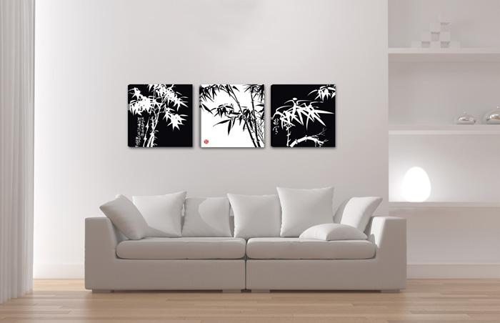 Bambus Leinwandbild schwarz-weiß 150x50 cm – 3-teiliges Wandbild – Ansicht 2