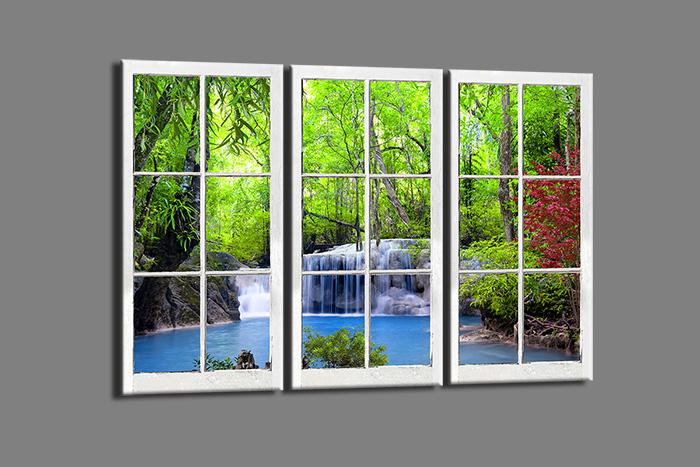 Leinwandbild Wasserfall mit Fensterblick – 120 x 80 cm