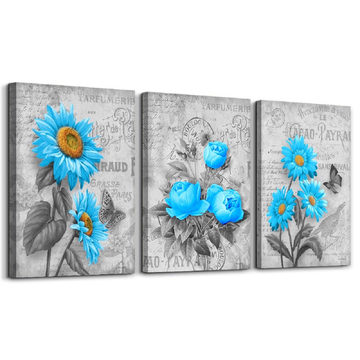 Leinwand Bild fert gerahmt blaue Blumen 120 x 80 cm 4406 – Leinwandbild 120x80 cm 3-teilig kaufen
