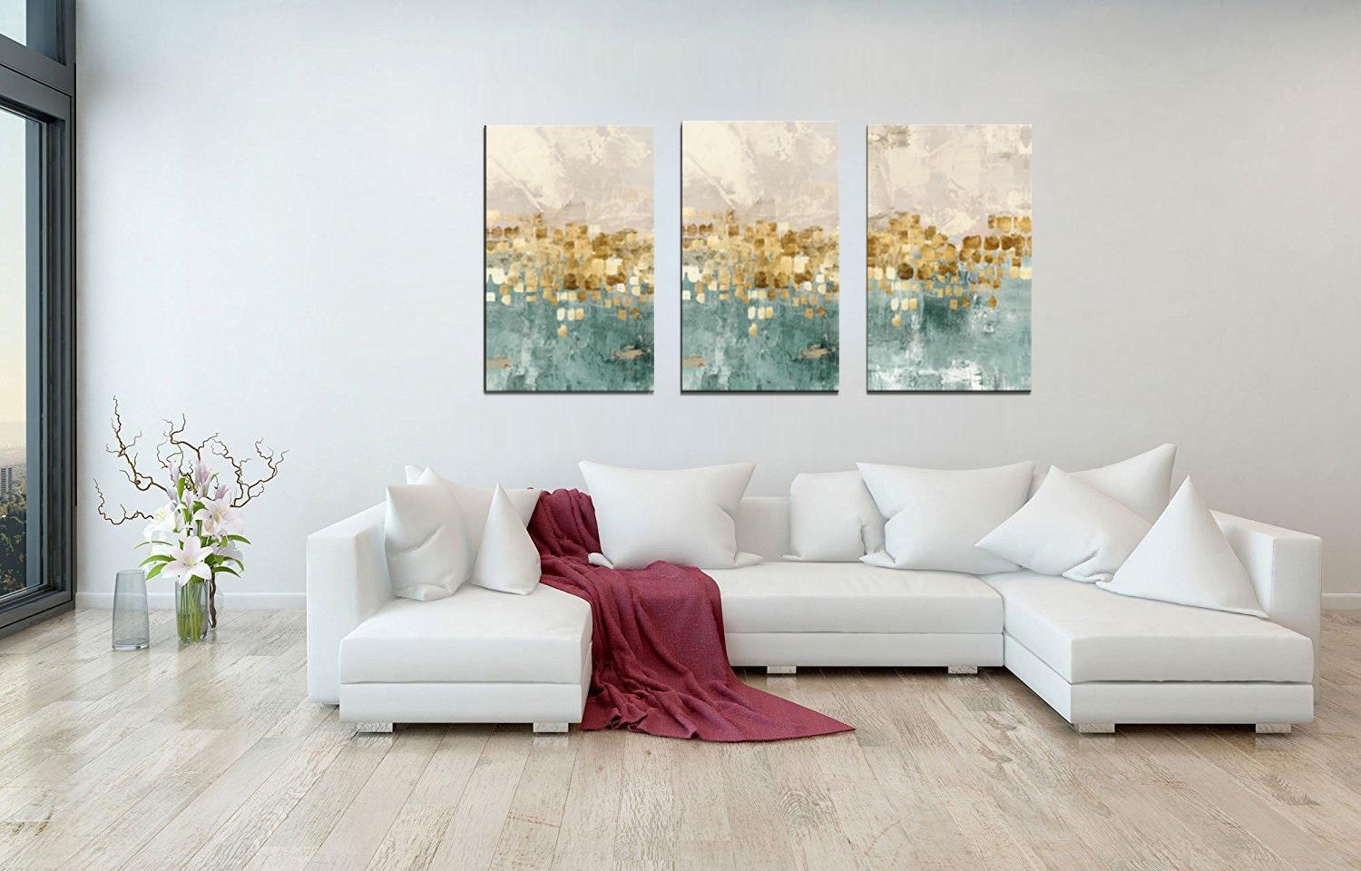 Abstraktes Leinwandbild Gold und Grün - 120x80 cm fertig gerahmt – Ansicht 3