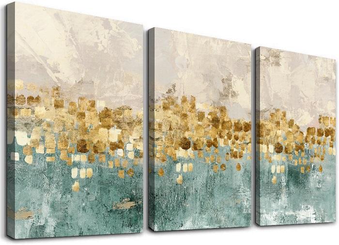 Abstraktes Leinwandbild Gold und Grün - 120x80 cm fertig gerahmt – Ansicht 4