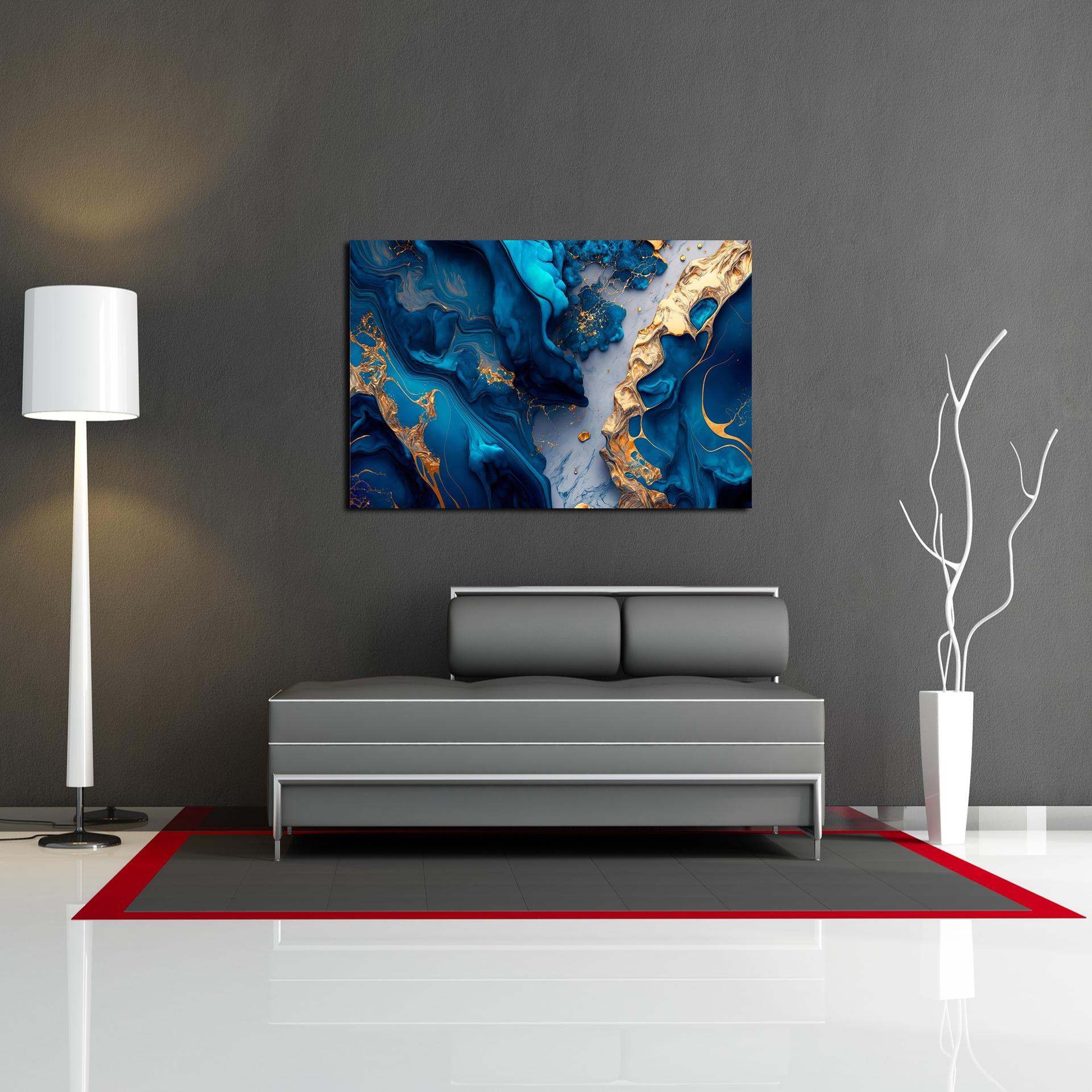 Modernes Leinwandbild Blau Gold - 120x80cm fertig gerahmt – Ansicht 2