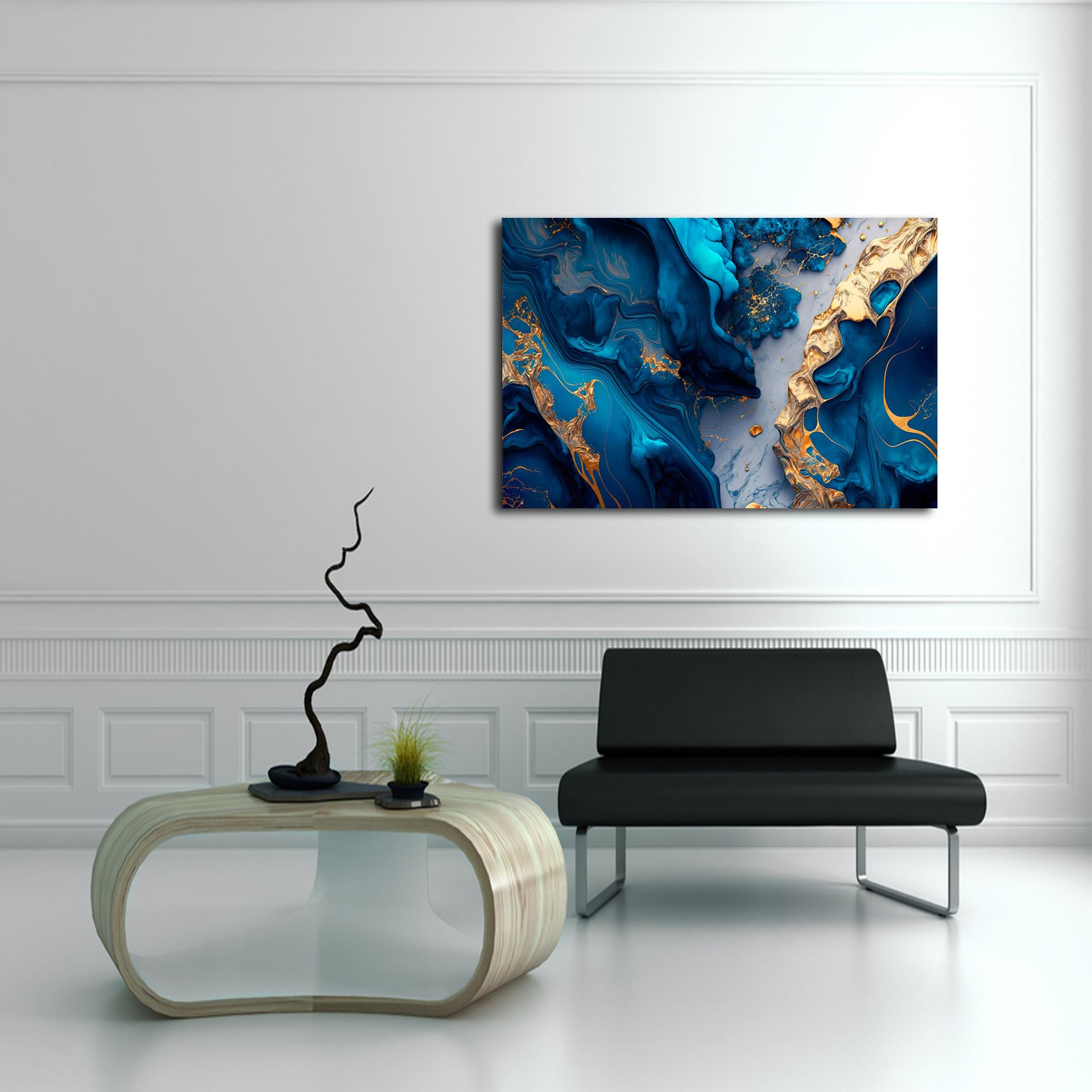 Modernes Leinwandbild Blau Gold - 120x80cm fertig gerahmt – Ansicht 3