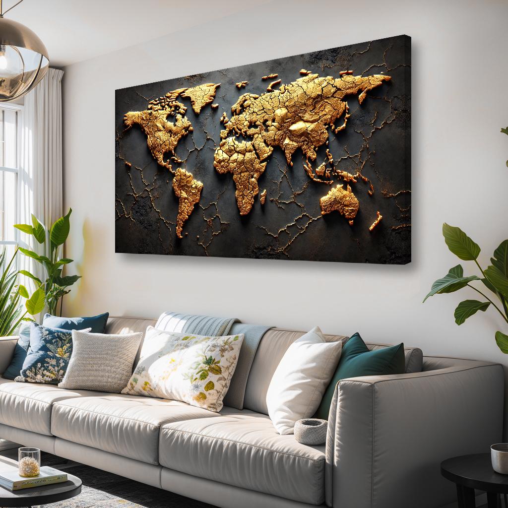 Goldene Weltkarte Leinwandbild – 120x80cm fertig gerahmt – Ansicht 2