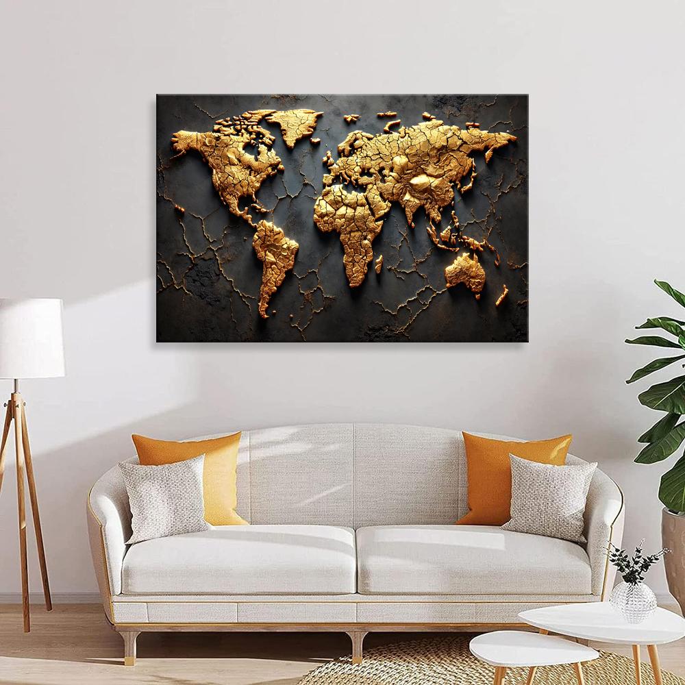 Goldene Weltkarte Leinwandbild – 120x80cm fertig gerahmt – Ansicht 3