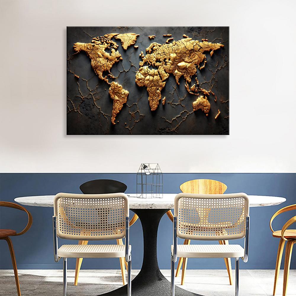 Goldene Weltkarte Leinwandbild – 120x80cm fertig gerahmt – Ansicht 4