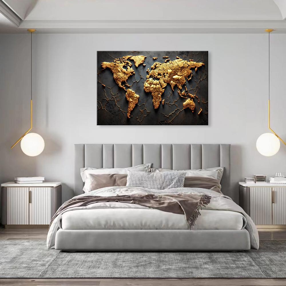 Goldene Weltkarte Leinwandbild – 120x80cm fertig gerahmt – Ansicht 5