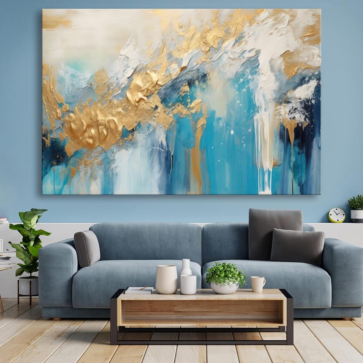 Abstraktes Leinwandbild in Blau und Gold 120x80 cm – Ansicht 3