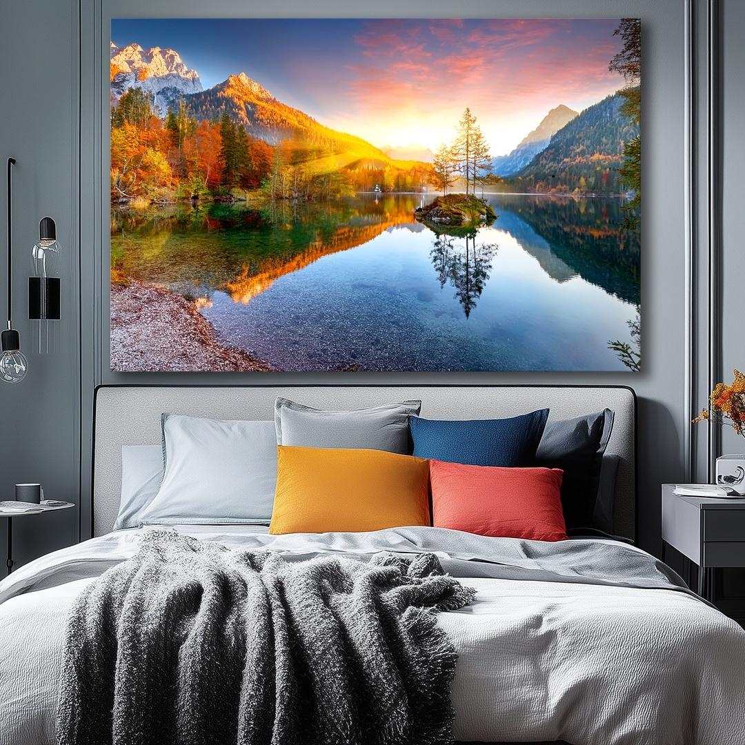 Traumhaftes Leinwandbild See Landschaft - 120 x 80 cm fertig gerahmt – Ansicht 3