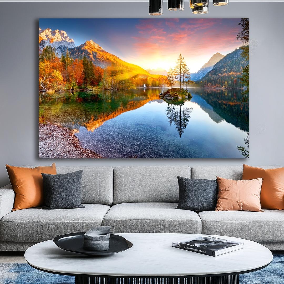 Traumhaftes Leinwandbild See Landschaft - 120 x 80 cm fertig gerahmt – Ansicht 4