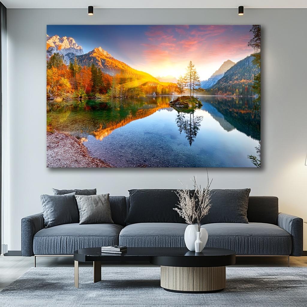 Traumhaftes Leinwandbild See Landschaft - 120 x 80 cm fertig gerahmt – Ansicht 6