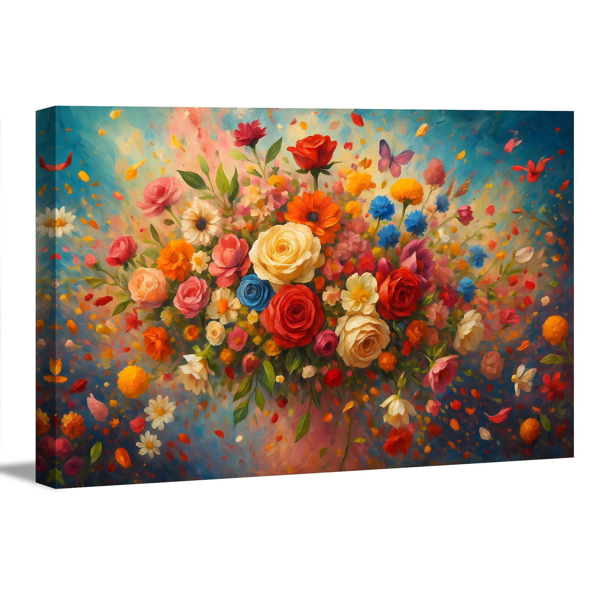 Buntes Blumen Leinwandbild 120x80 cm mit Rahmen