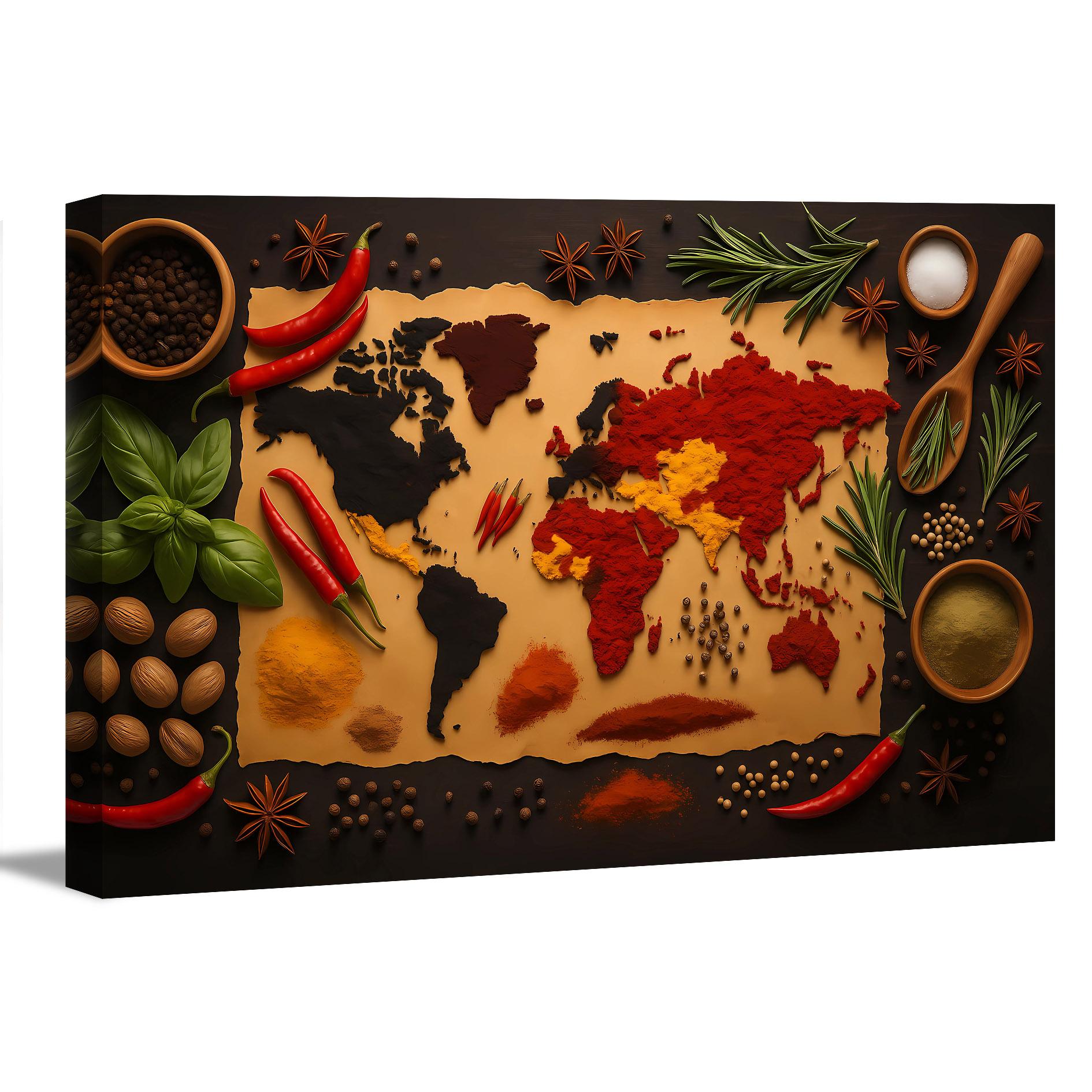Leinwandbild Gewürz Weltkarte – bunte Spicy Map 120 x 80 cm
