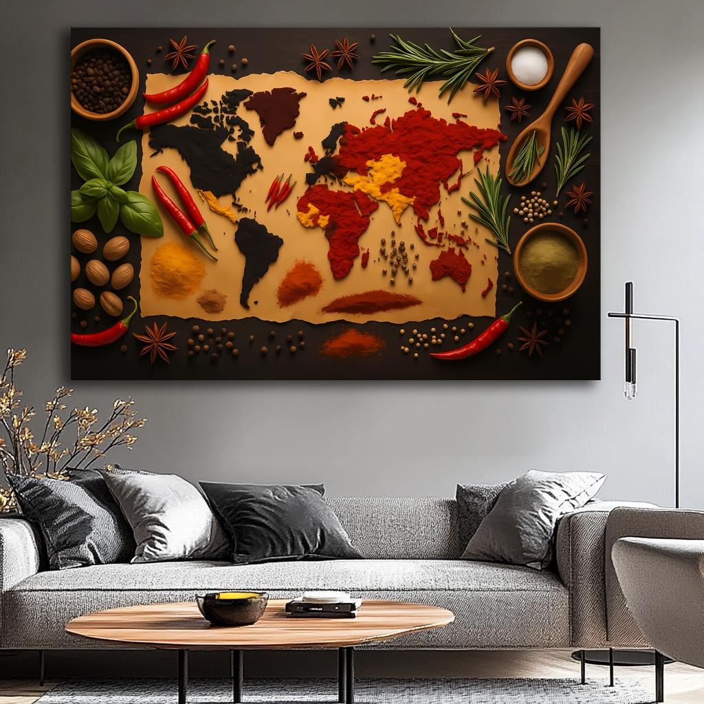 Leinwandbild Gewürz Weltkarte – bunte Spicy Map 120 x 80 cm – Ansicht 3
