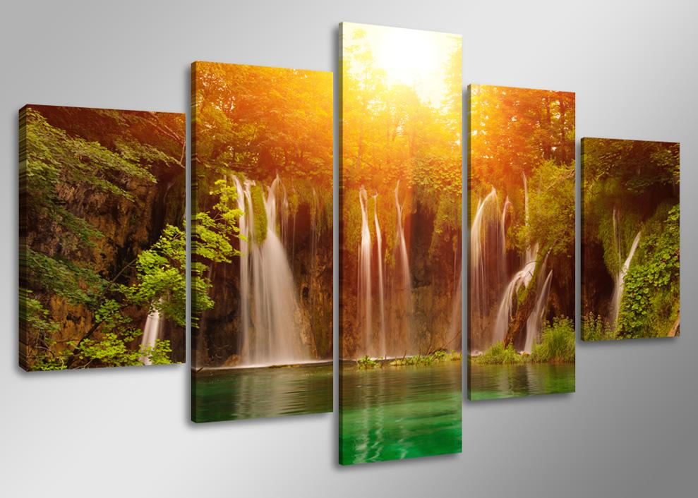 Leinwandbild Wasserfall 5-teilig – 150x80 cm mit Rahmen – Ansicht 4