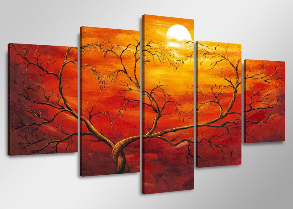 Rotes Leinwandbild Baum 150x80 cm – 5-teiliges Wandbild