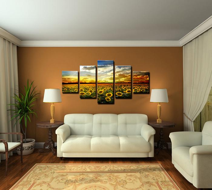 Sonnenblumen Leinwandbild 150x80cm - 5 Teile fertig gerahmt – Ansicht 2