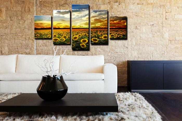 Sonnenblumen Leinwandbild 150x80cm - 5 Teile fertig gerahmt – Ansicht 3