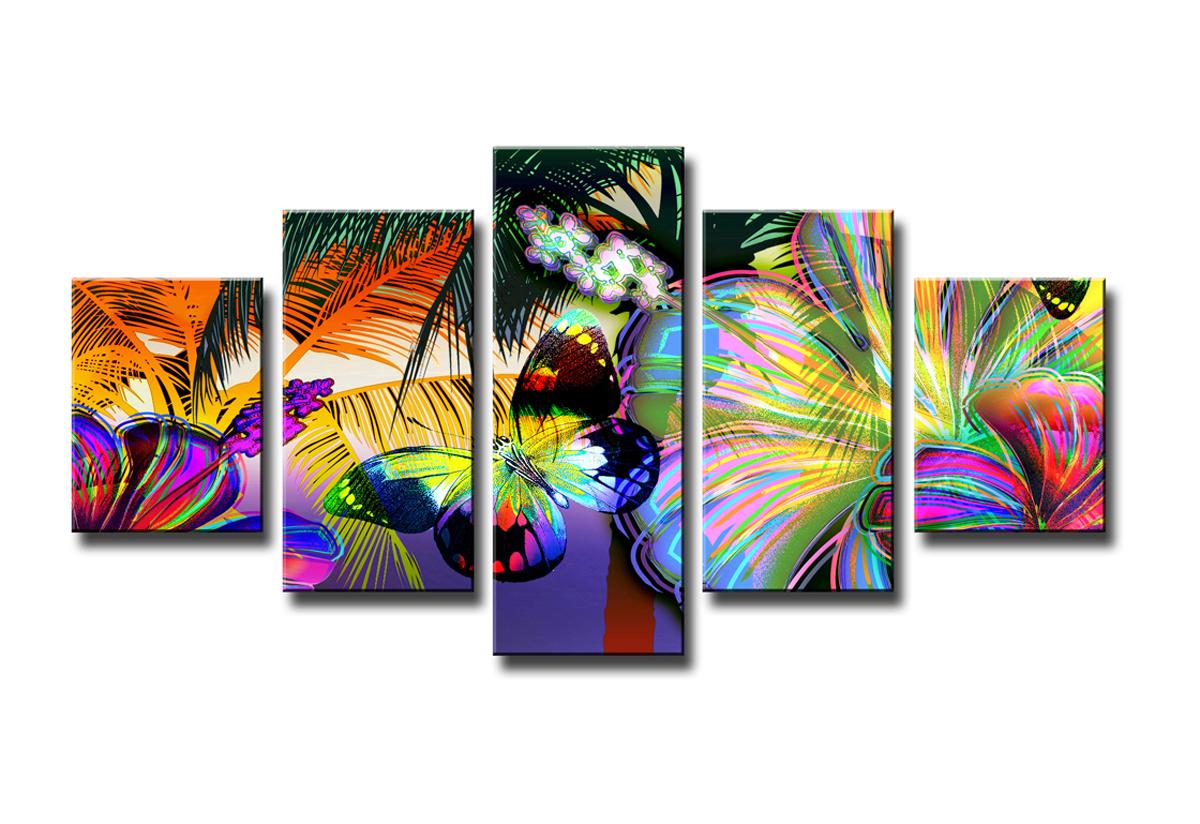 Buntes Leinwandbild Schmetterlinge im Wald - 5-teilig XXL