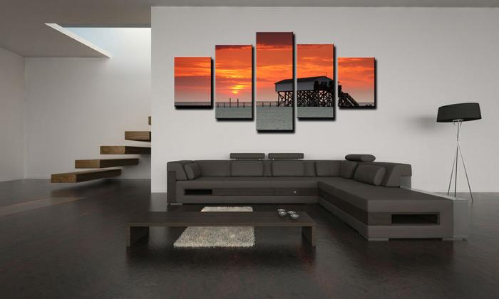 Leinwandbild Sonnenuntergang am Steg - 5-teiliges Wandbild XXL – Ansicht 2