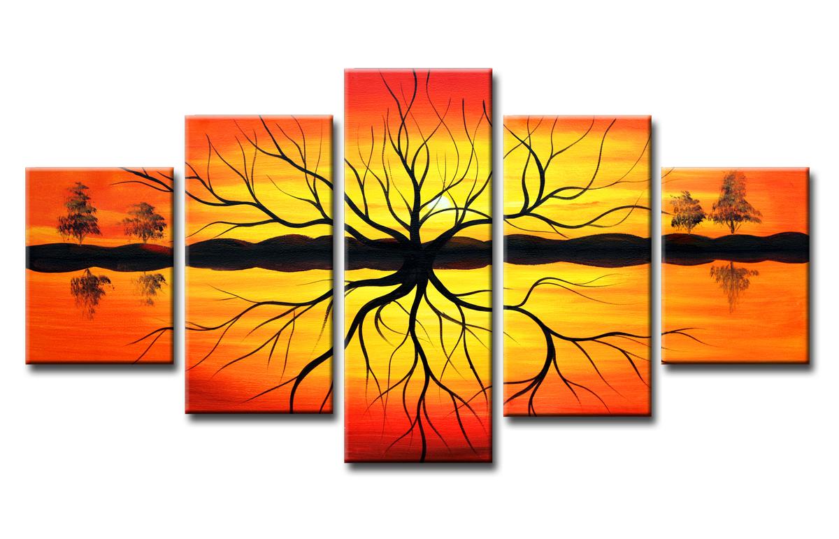 Abstraktes Leinwandbild Baum mit Sonnenuntergang 150x80 cm