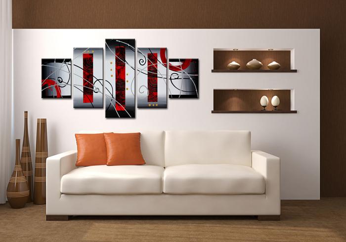 Abstraktes Leinwandbild Rot - 150x80cm 5-teiliges XXL Wandbild – Ansicht 2