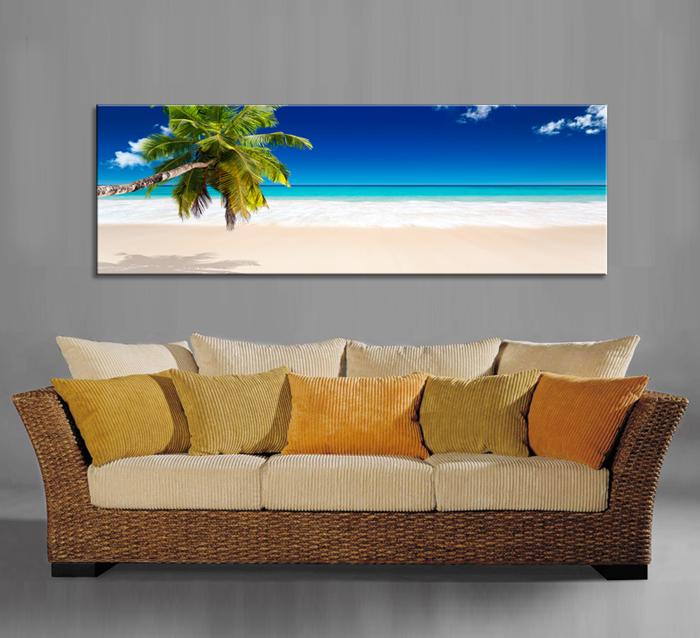 Tropisches Strandmotiv mit Palme – Leinwandbild 120x40 cm fertig gerahmt – Ansicht 2