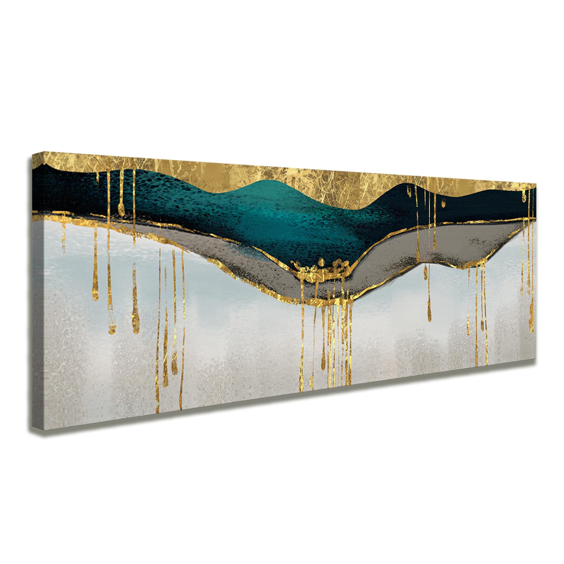 Abstraktes Leinwandbild mit Gold-Teal Design 120x40 cm