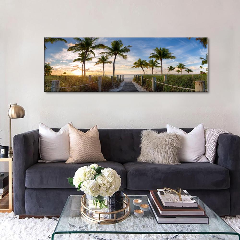 Leinwandbild Palmen zum Strand - 120x40 cm mit Rahmen – Ansicht 2