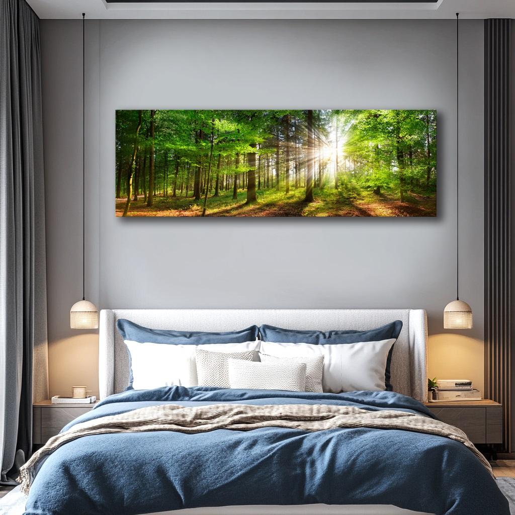 Leinwandbild Wald mit Sonne – 120x40 cm Wandbild – Ansicht 2