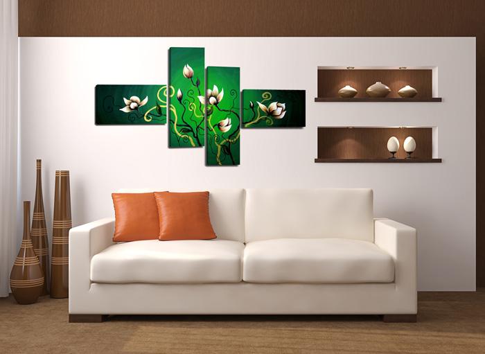 Leinwandbild mit weißen Blüten auf Grün - 160cm XXL Wandbild – Ansicht 3