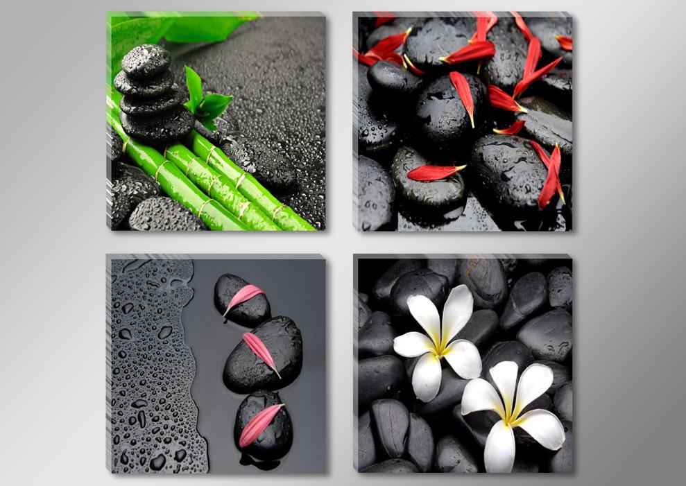 Leinwandbild Spa - Schwarze Steine mit Blüten als 4er Set – Ansicht 2