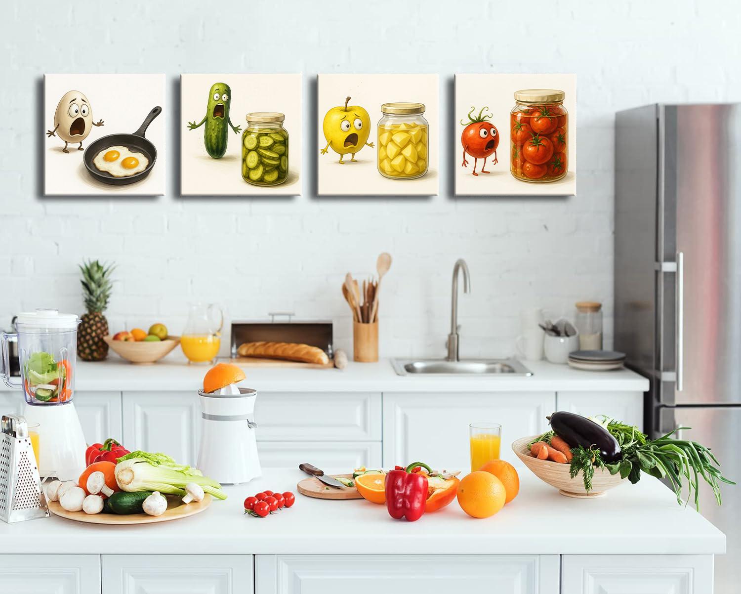 Lustiges 4-teiliges Leinwandbild mit Cartoon Obst und Gemüse – Ansicht 3