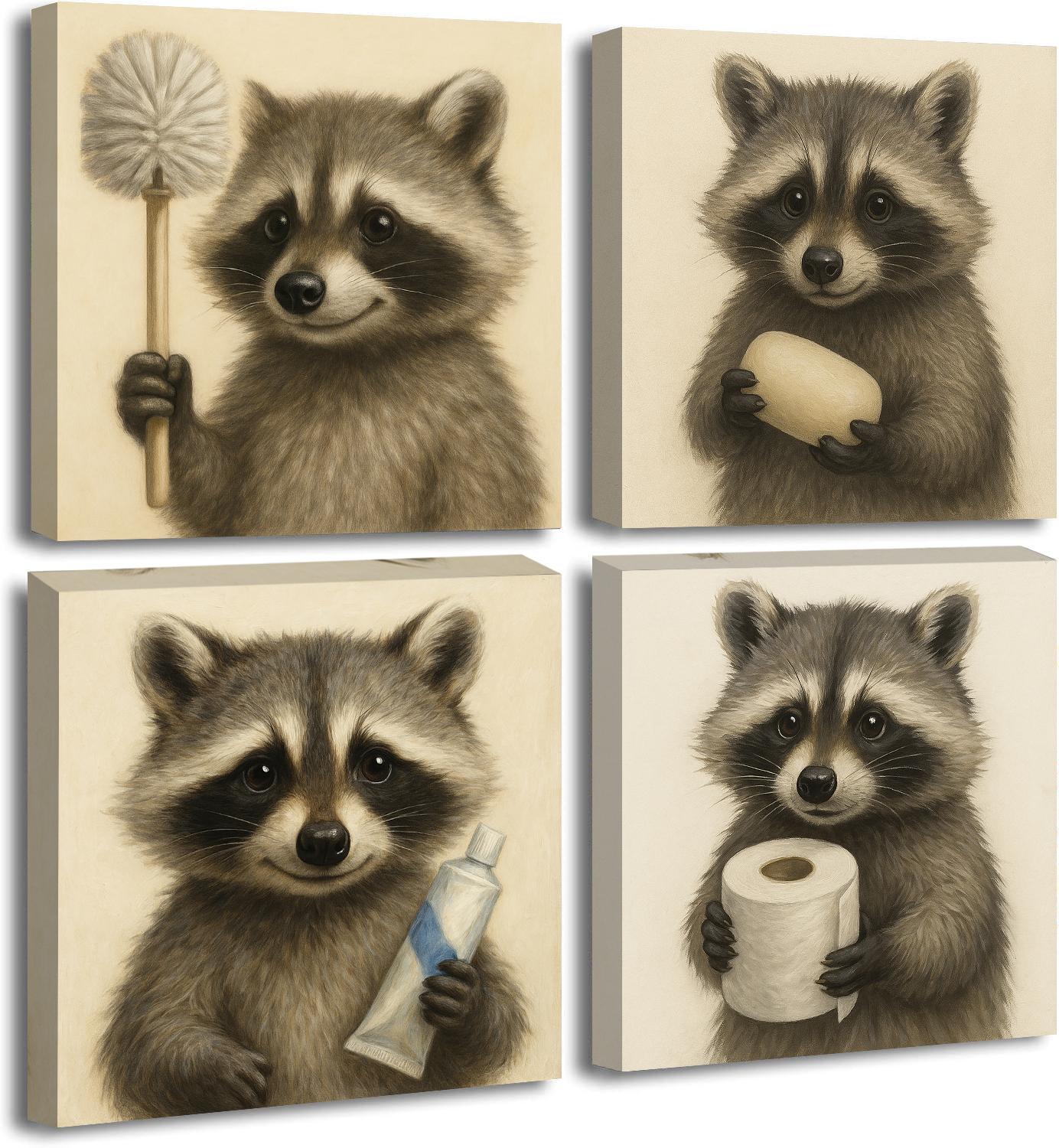 Wandbilder Set mit lustigen Waschbären – 4-teilig 30x30 cm